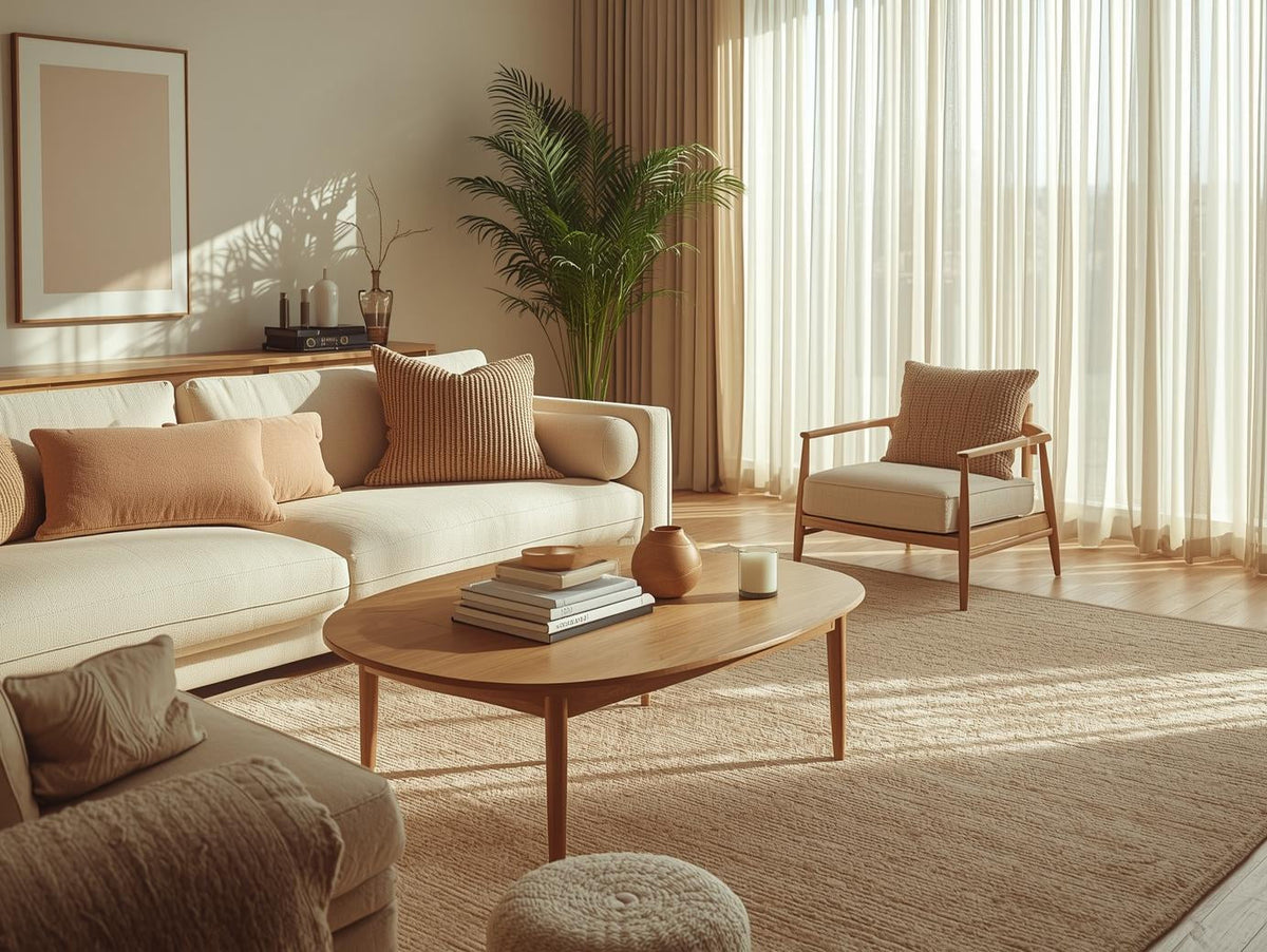 Interior photograph of a beautiful, cohesive living room that feels warm, inviting, and stylish. The space blends modern and cozy elements in a balanced way. A cream colored sofa with soft