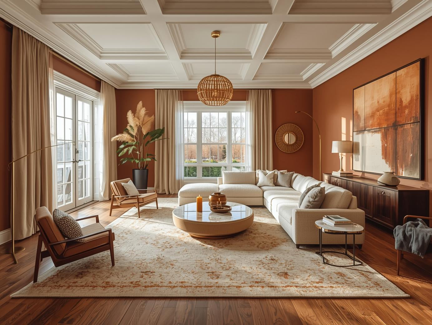 A wide-angle, eye-level shot of a stunning fully arranged living room. A large ivory boucle sectional sofa floats in the center, anchored by an oversized cream and terracotta hand-knotted rug. A round travertine c