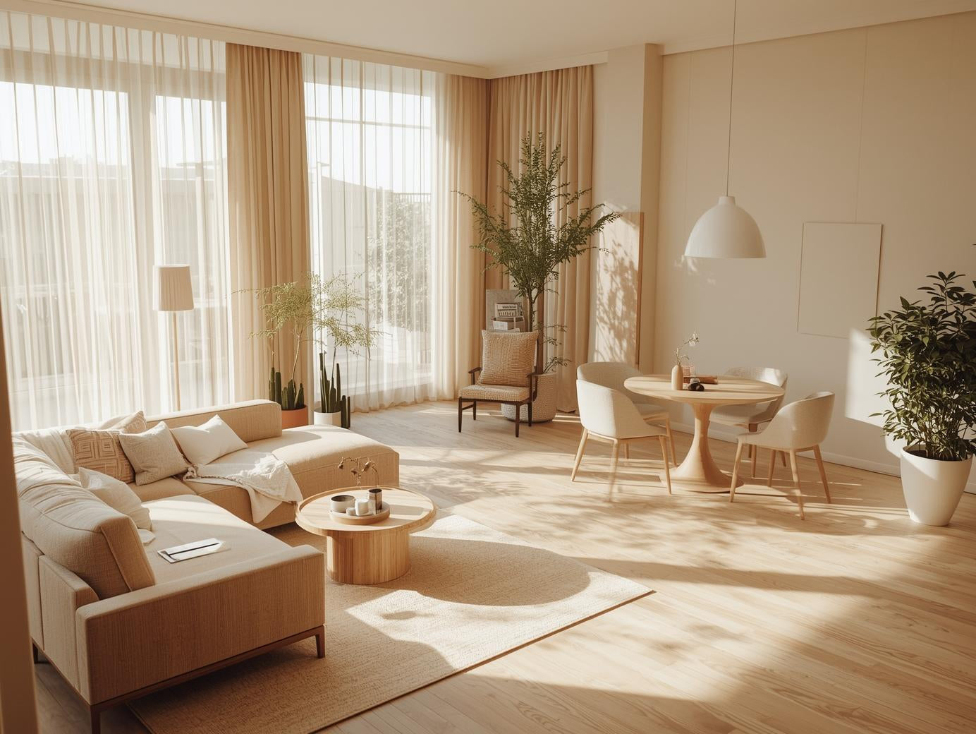 A bright, modern living-dining open space in realistic photographic style