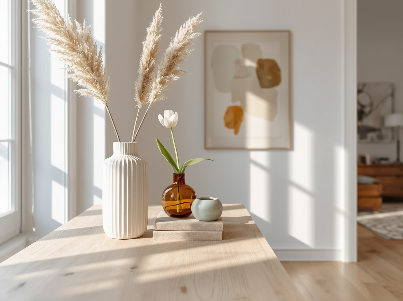 A wide-angle, eye-level professional interior photograph of a bright Scandinavian-style living room