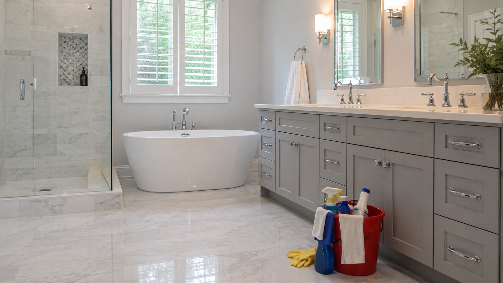 Beautiful bathroom with cleaning materials.