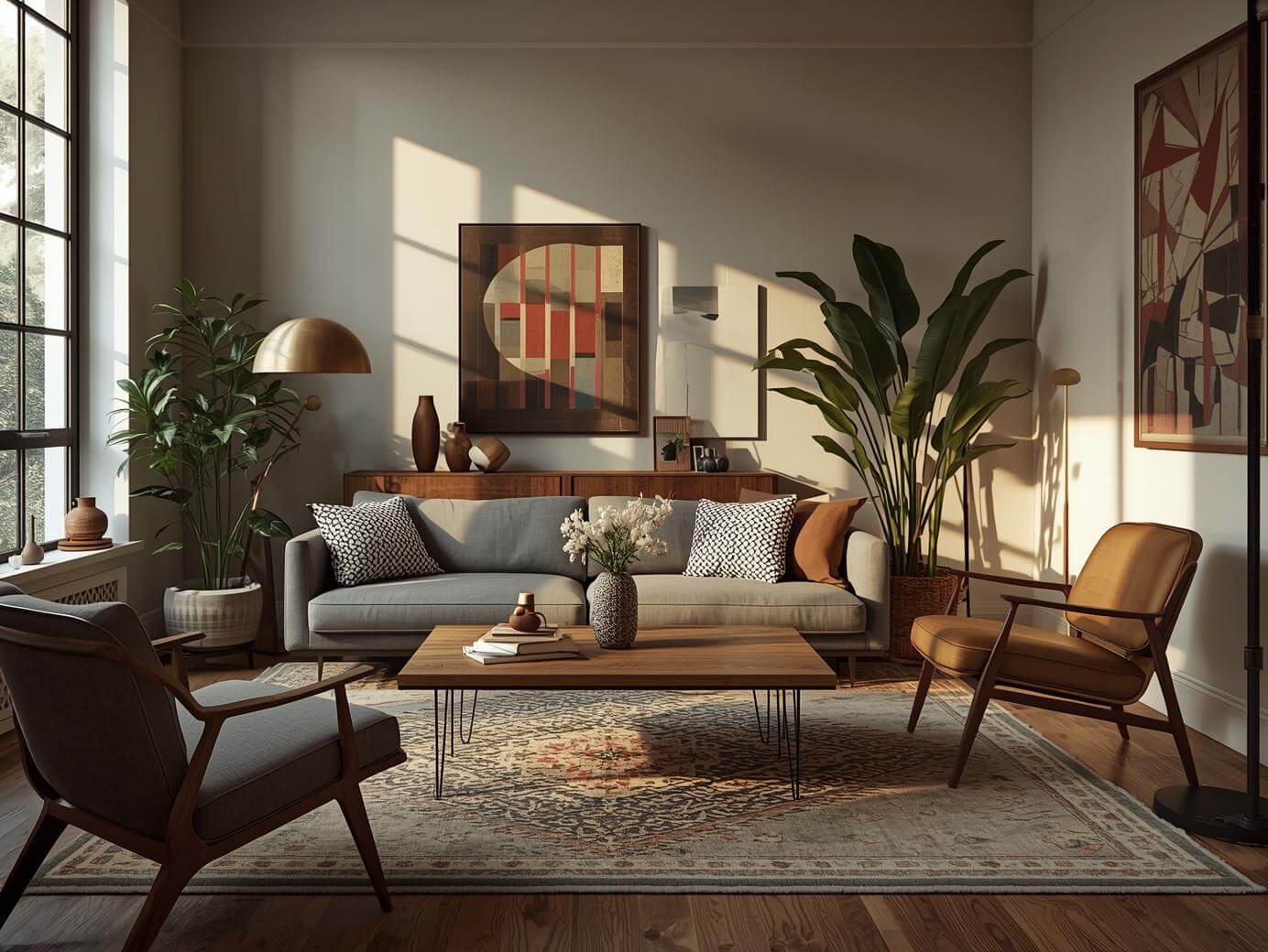 Interior photo of a living room that combines modern and vintage elements. Include a sleek gray modern sofa, a rustic wooden coffee table, and a boho-patterned rug.