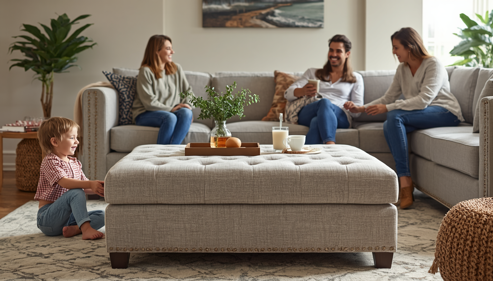 Upholstered coffee table demonstrating its benefits_ family-friendly living room