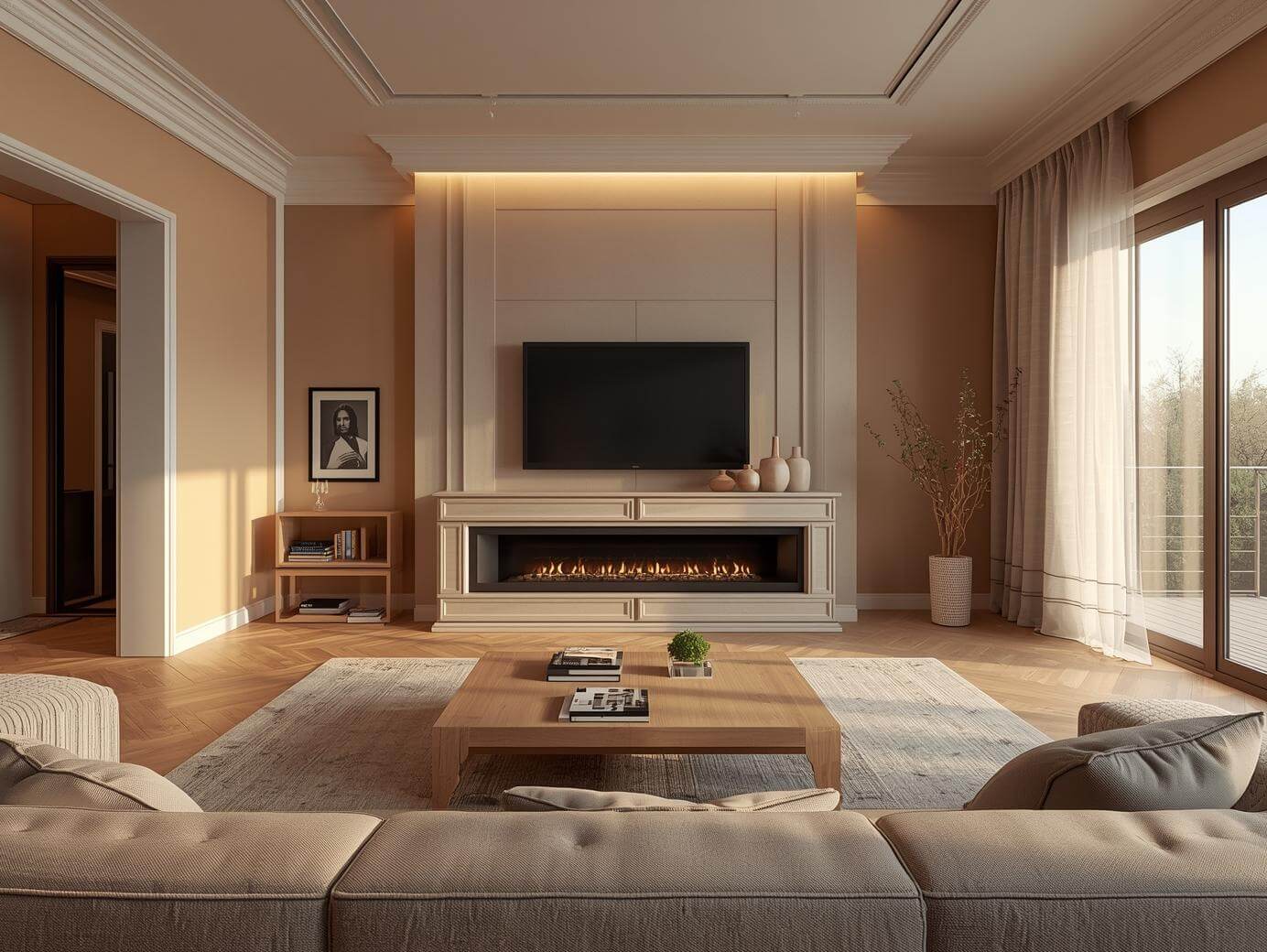 Wide-angle, photorealistic modern living room interior with a TV mounted above a contemporary fireplace, cozy and inviting atmosphere, neutral color palette with warm beige walls, soft gray sectional so
