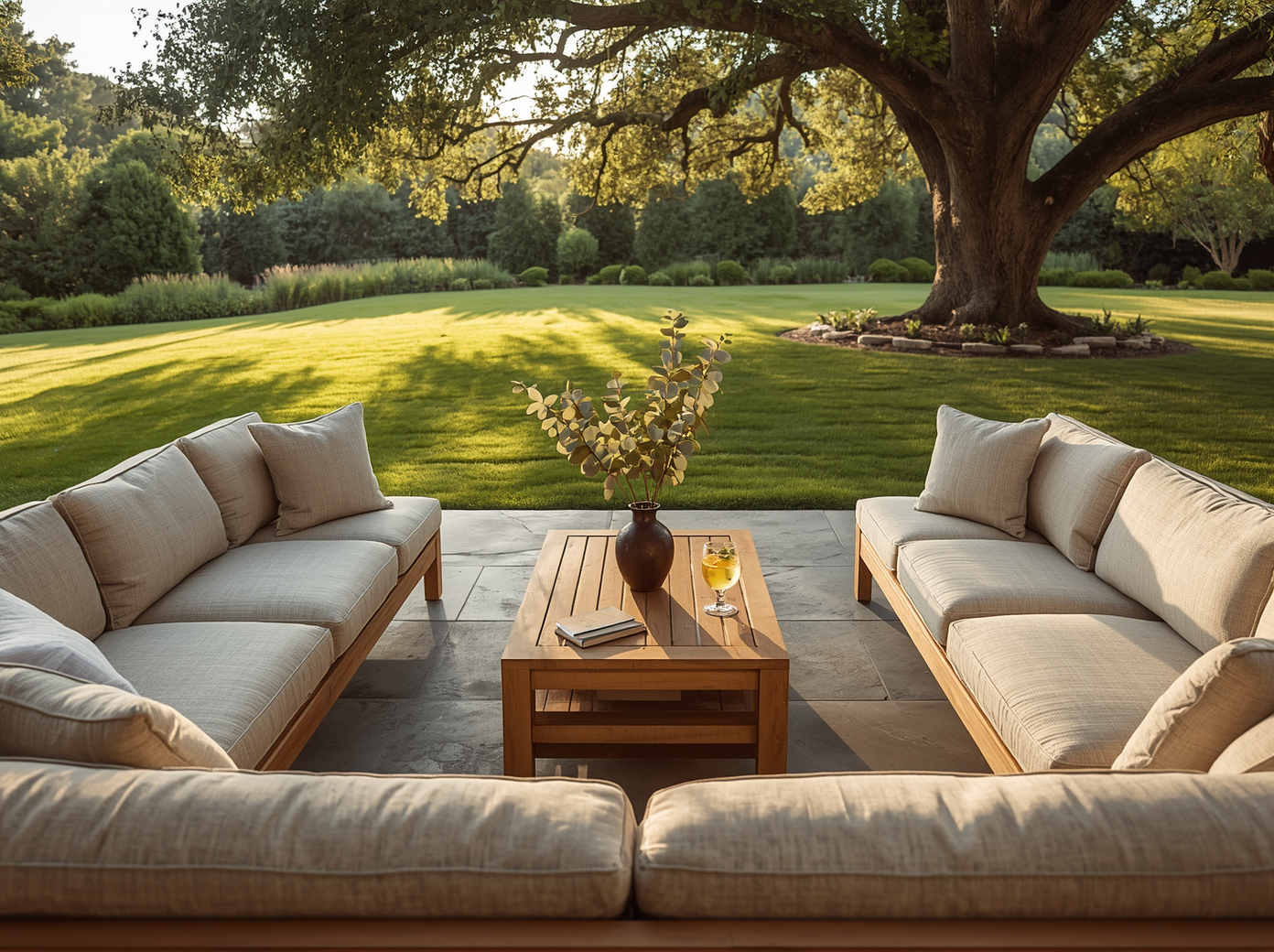 Sun-drenched backyard patio in a suburban American home during late afternoon golden hour