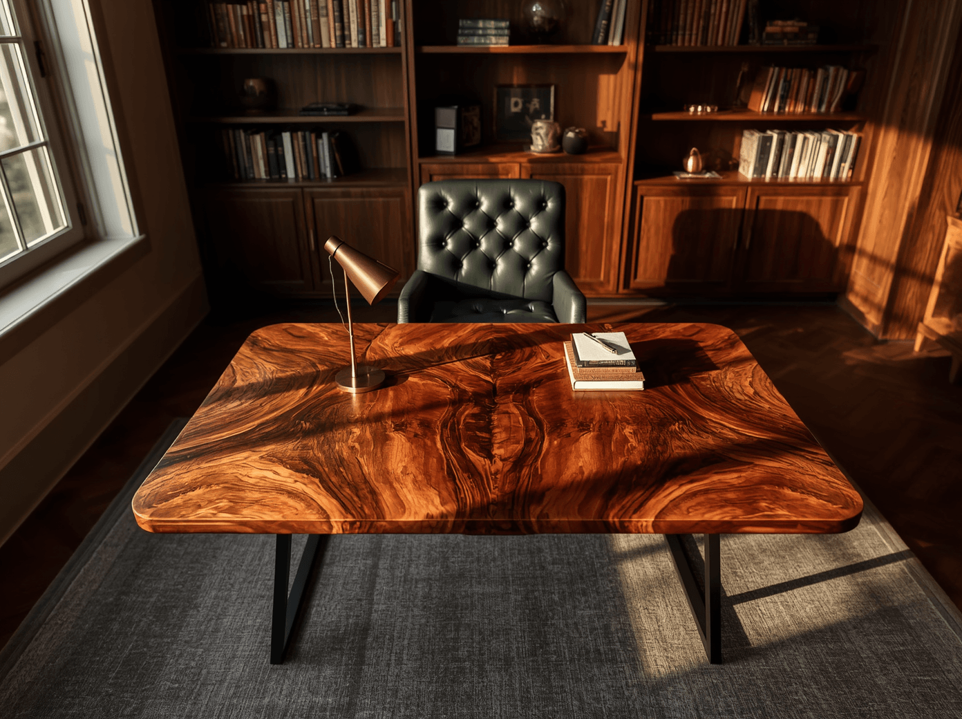 exquisite high fashion photography of Wide-angle, eye-level shot of a luxurious home office bathed in warm late-afternoon sunlight streaming through a large window on the left side