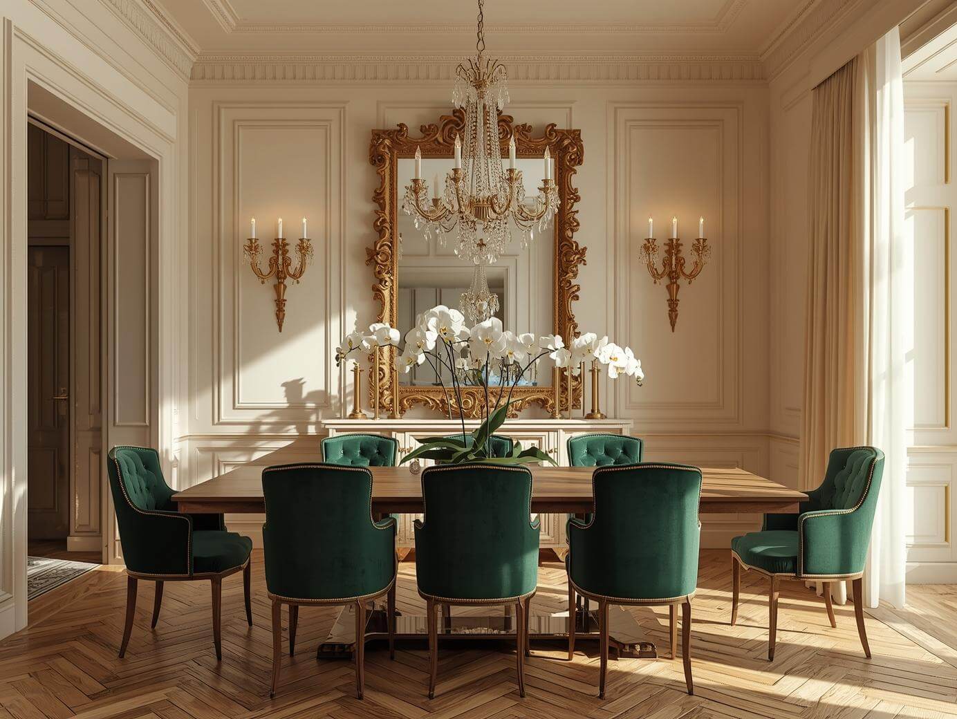 luxurious dining room with gold mirror