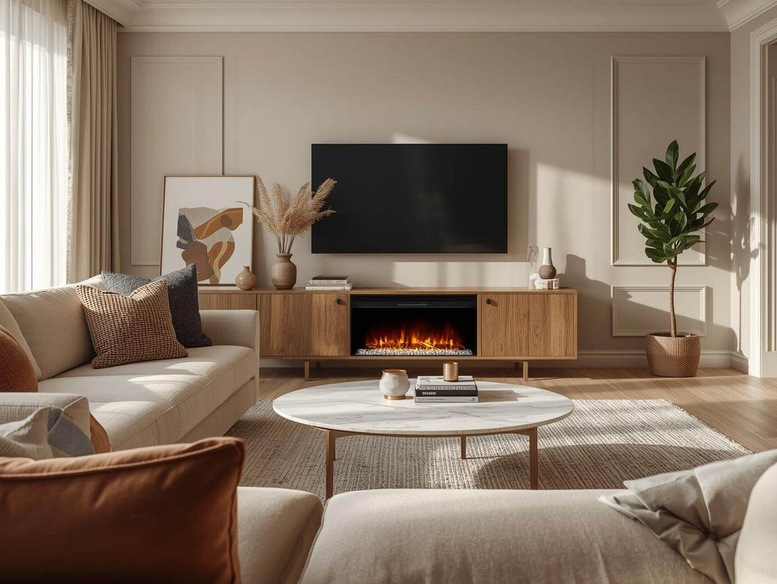 modern living room with oak fireplace tv stand banner elirian