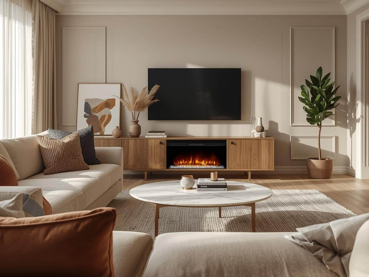 modern living room with oak fireplace tv stand banner elirian