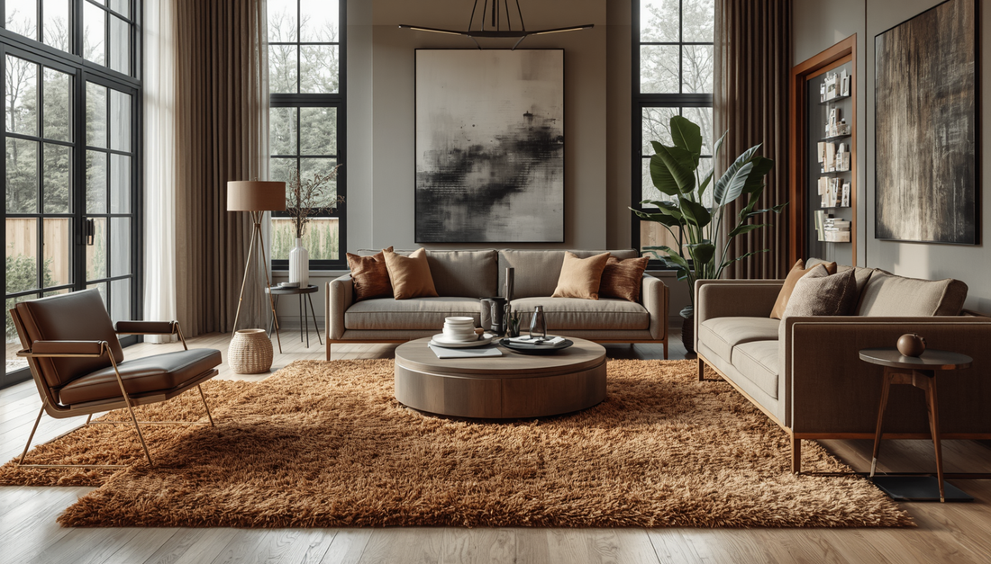 A spacious modern living room with soaring ceilings, black-framed windows, and a luxurious shaggy brown rug anchoring a neutral sectional. 