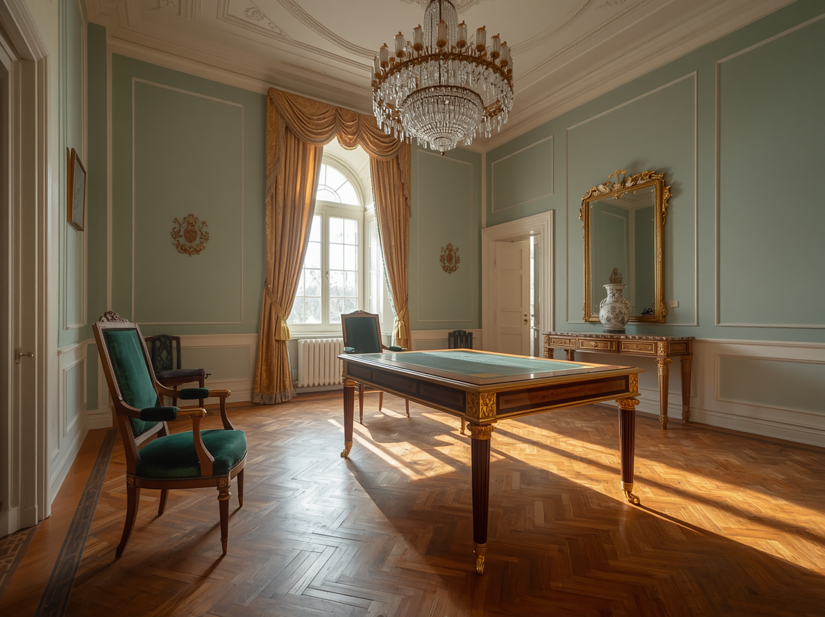 professional photo of Wide-angle establishing shot of opulent 18th-century Russian imperial stud