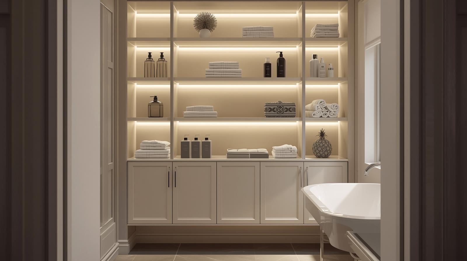 Bathroom vanity with woven baskets, neatly folded towels, glass canisters and a slim wall shelf.