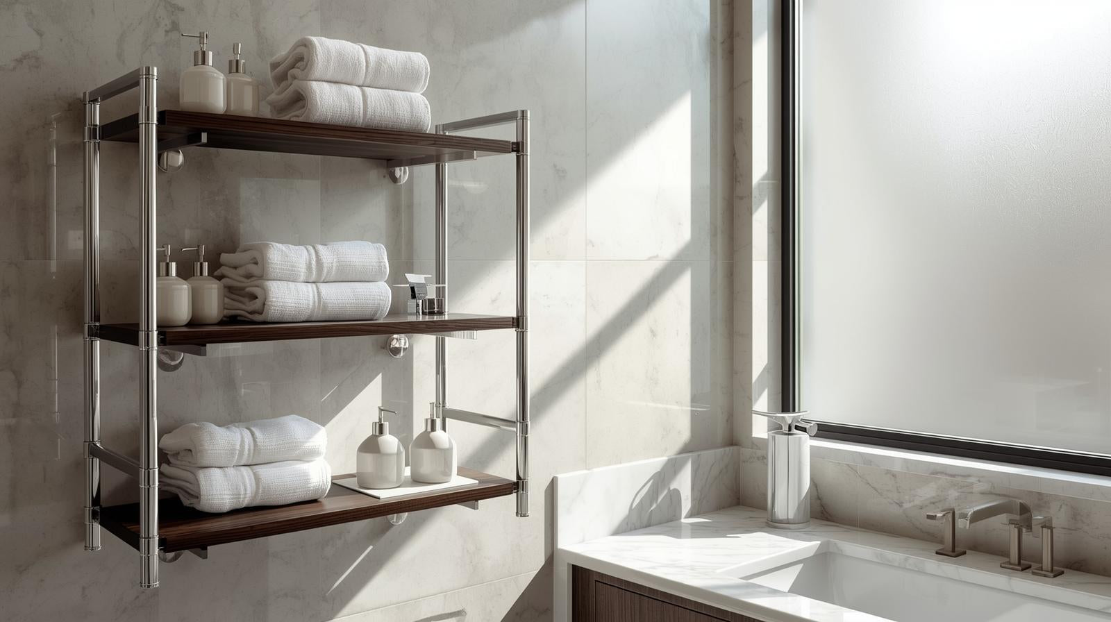 Minimal floating wood bathroom shelf with towels and accessories above a vanity.