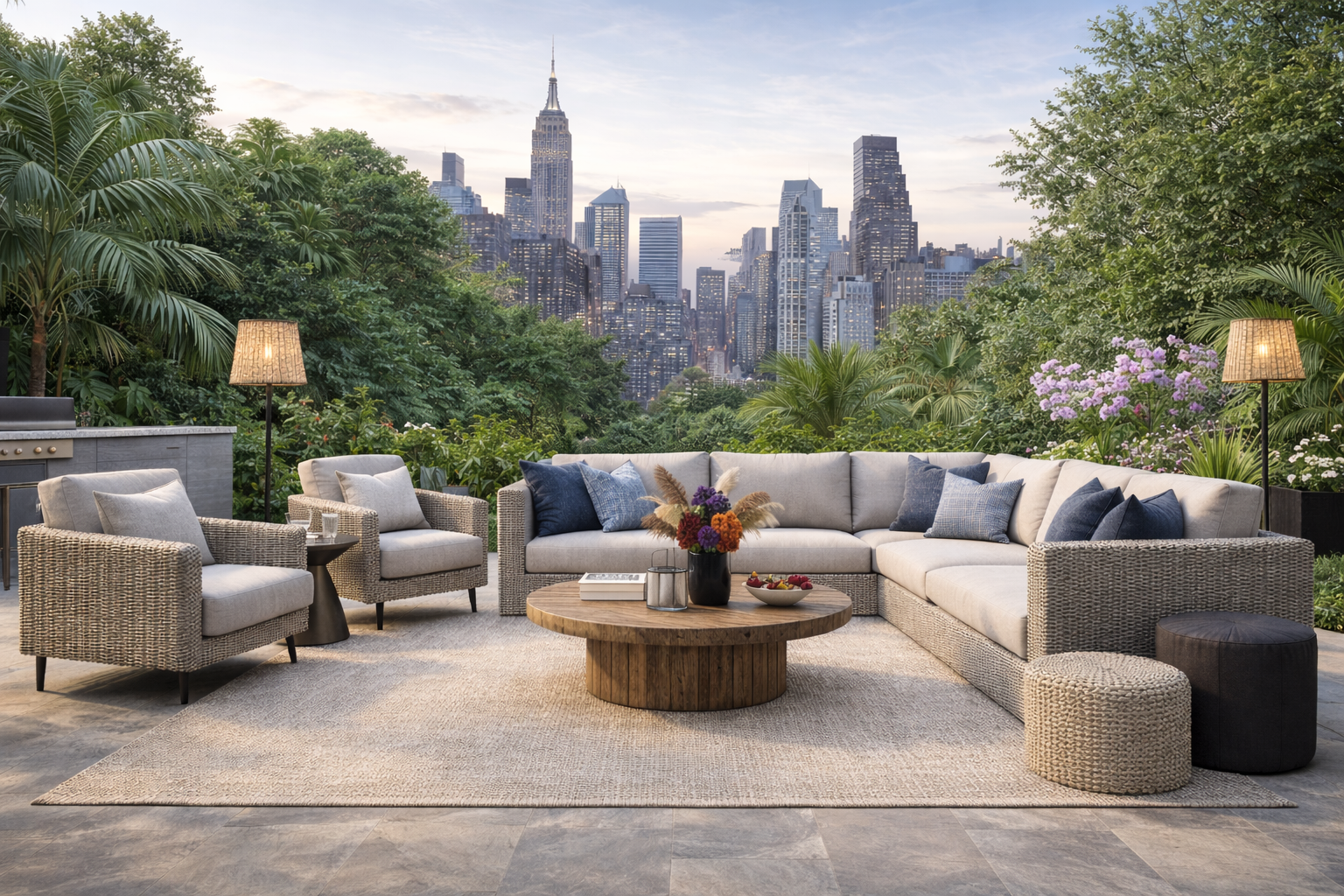 Sunlit patio with weather-resistant dining set, woven lounge chairs and outdoor rug