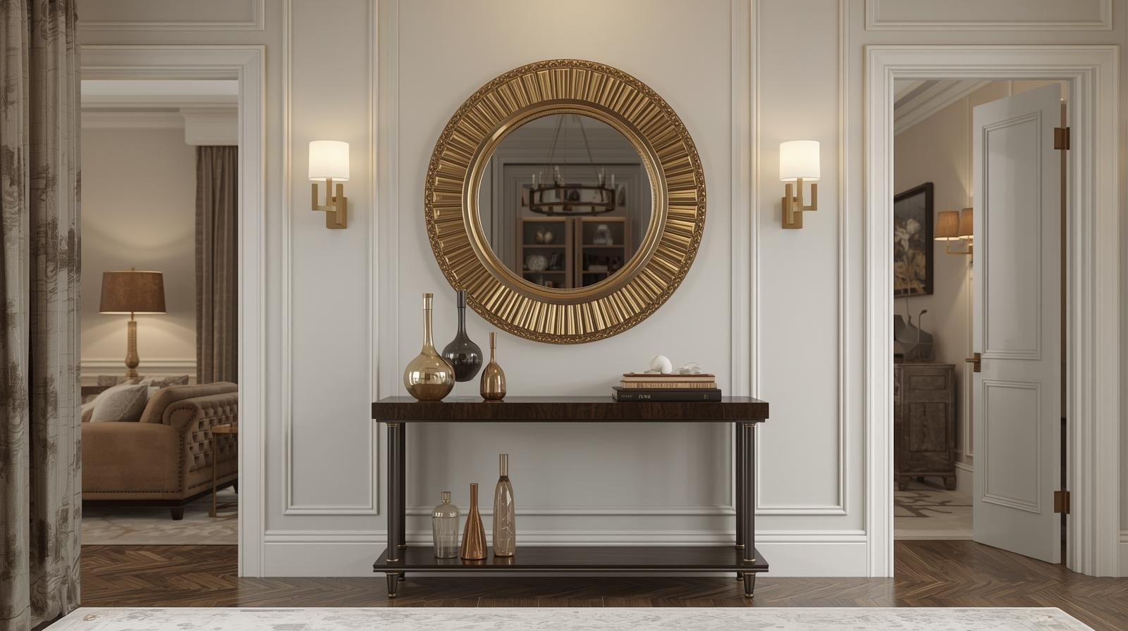 Round brass wall mirror above a modern console table with soft natural lighting and neutral wall tones.