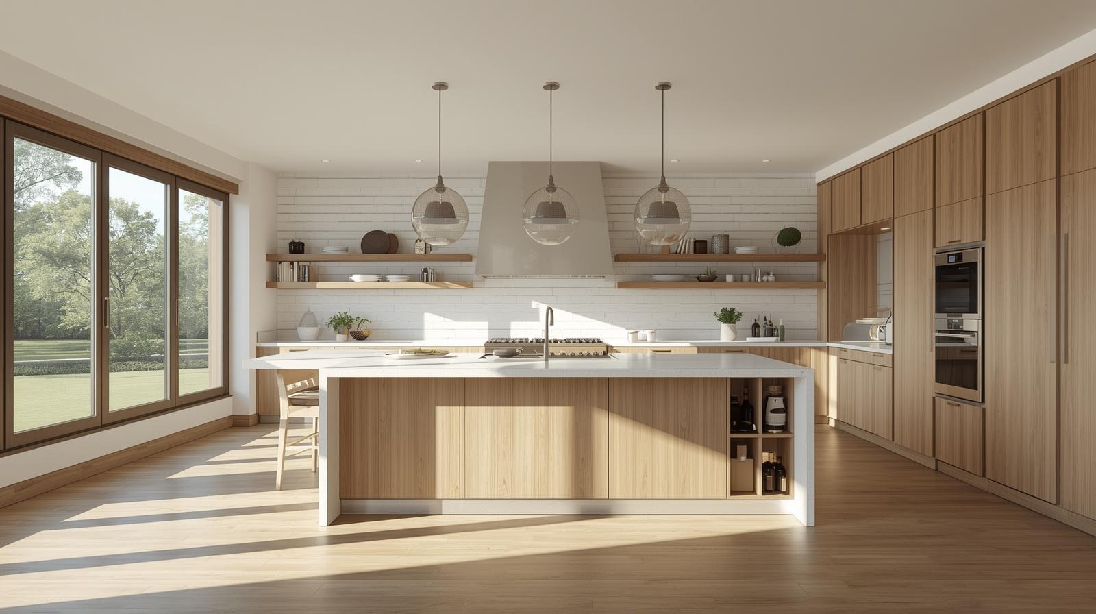 Butcher-block kitchen island on locking casters with open shelving, prep bowls, and stools in a bright kitchen.