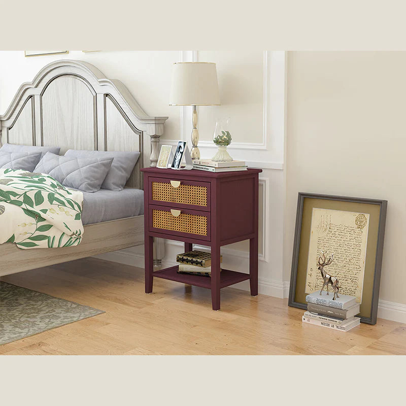 Natural Rattan Nightstand with Two Drawers and Wood Frame