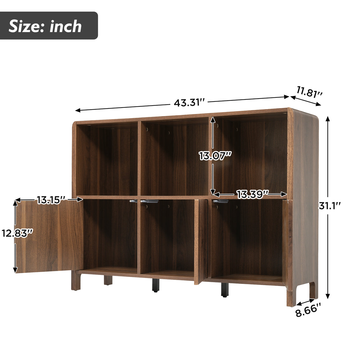 Walnut Fluted 3-Door Storage Cabinet with Open Display Shelves - Elirian