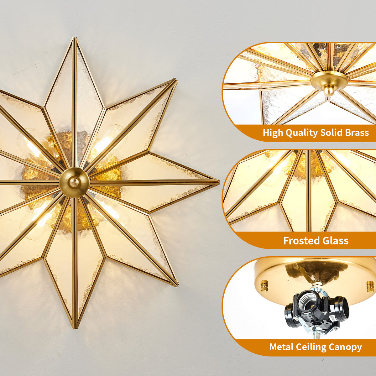 Brass Moravian Star Flush Mount Ceiling Light with Clear Glass - Elirian