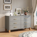 Gray 6-drawer double dresser with brass handles and wooden legs - Elirian