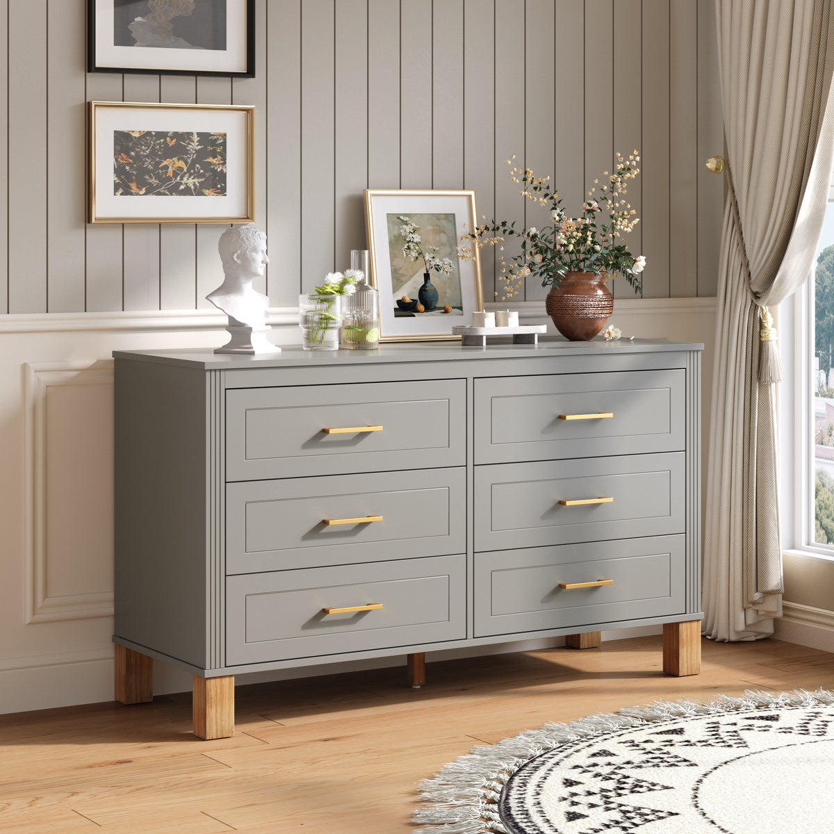 Gray 6-drawer double dresser with brass handles and wooden legs - Elirian