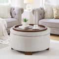 Round Bouclé Storage Ottoman with Reversible Tray Lid, Beige - Elirian