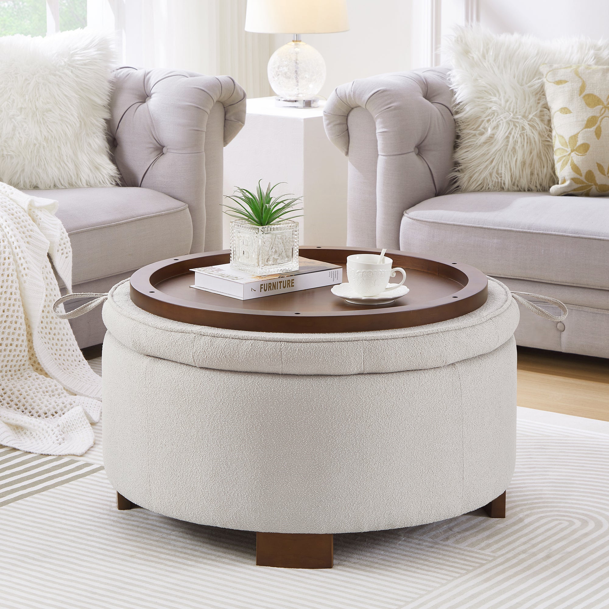 Round Bouclé Storage Ottoman with Reversible Tray Lid, Beige - Elirian