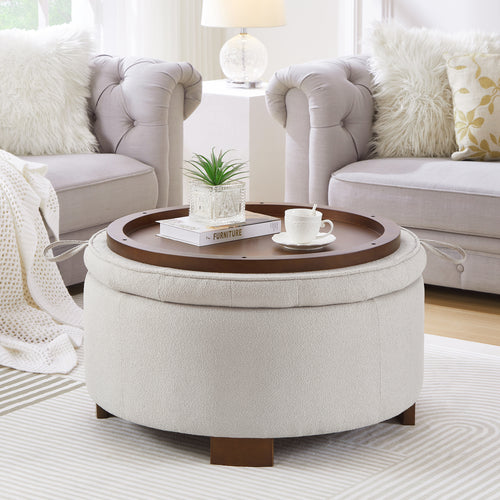 Round Bouclé Storage Ottoman with Reversible Tray Lid, Beige - Elirian