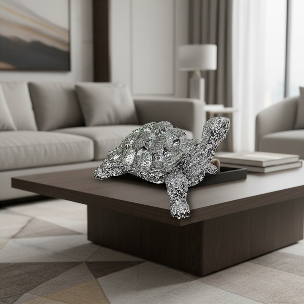 14" Chrome Plated Crystal-Set Decorative Turtle Sculpture