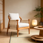Mid-Century Accent Chair with Hand-Woven Paper Rope Arms and Linen-Blend Cushion - Elirian