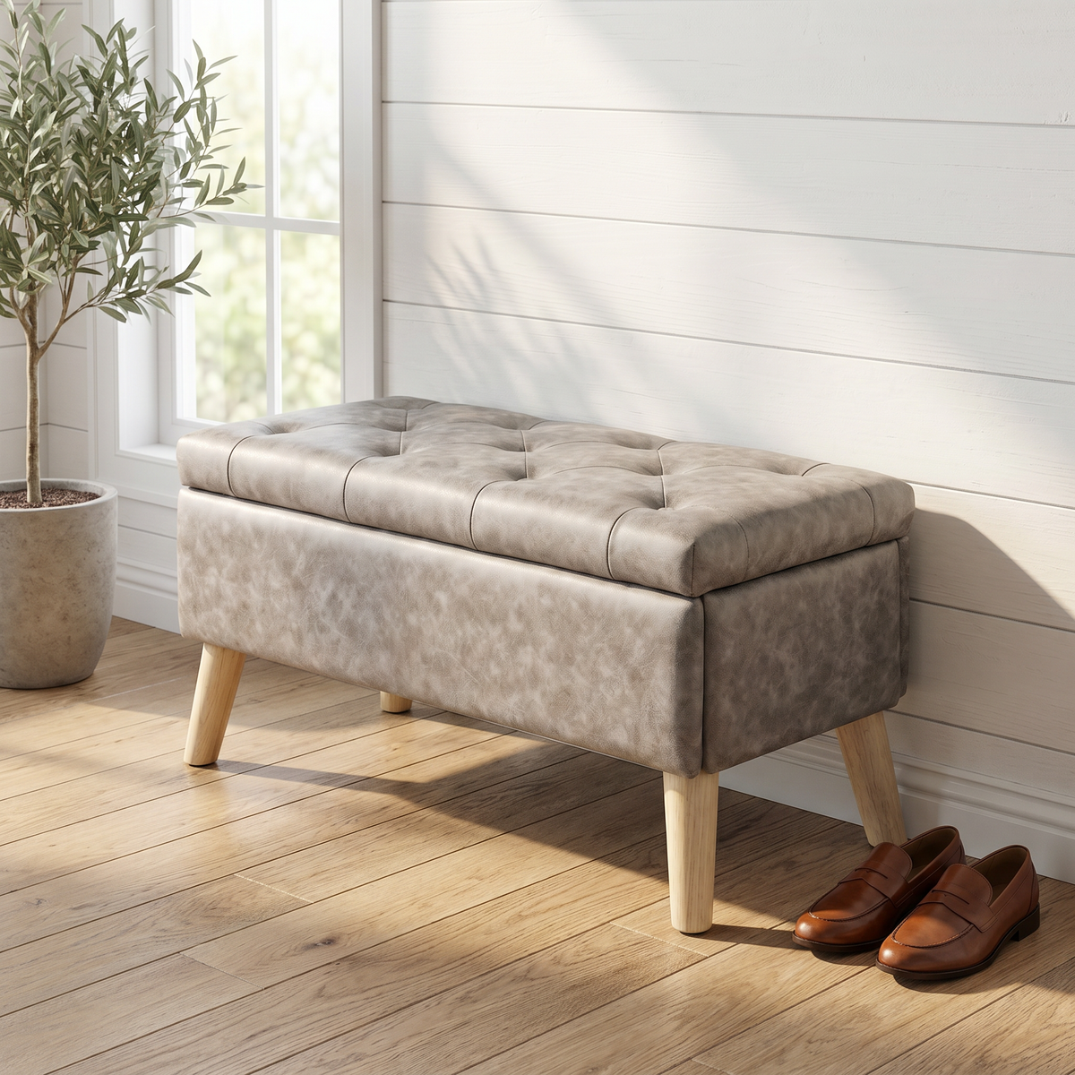 Velvet Storage Ottoman Bench with Built-in Tray, Grey - Elirian
