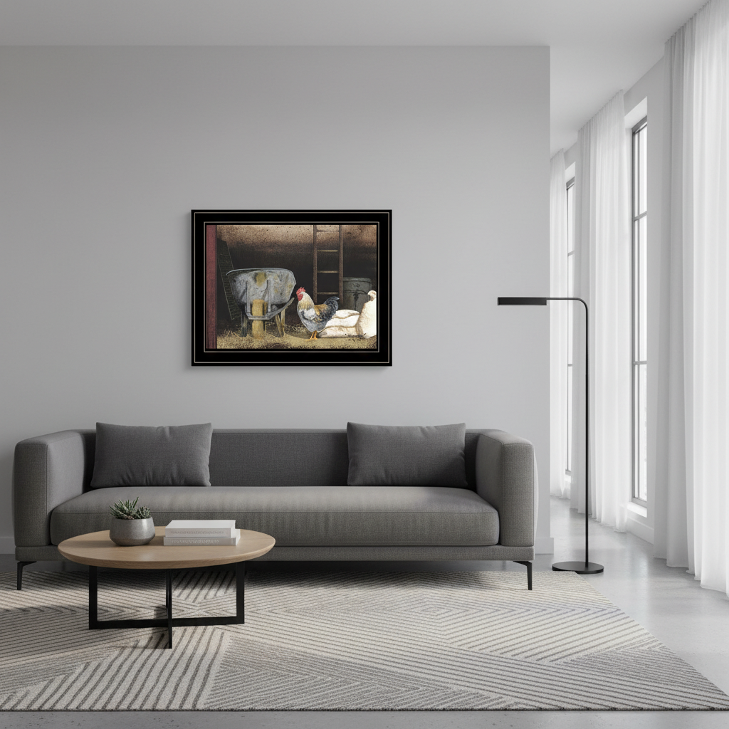 Chicken Feed Framed Wall Print by Billy Jacobs in Black Wood Frame