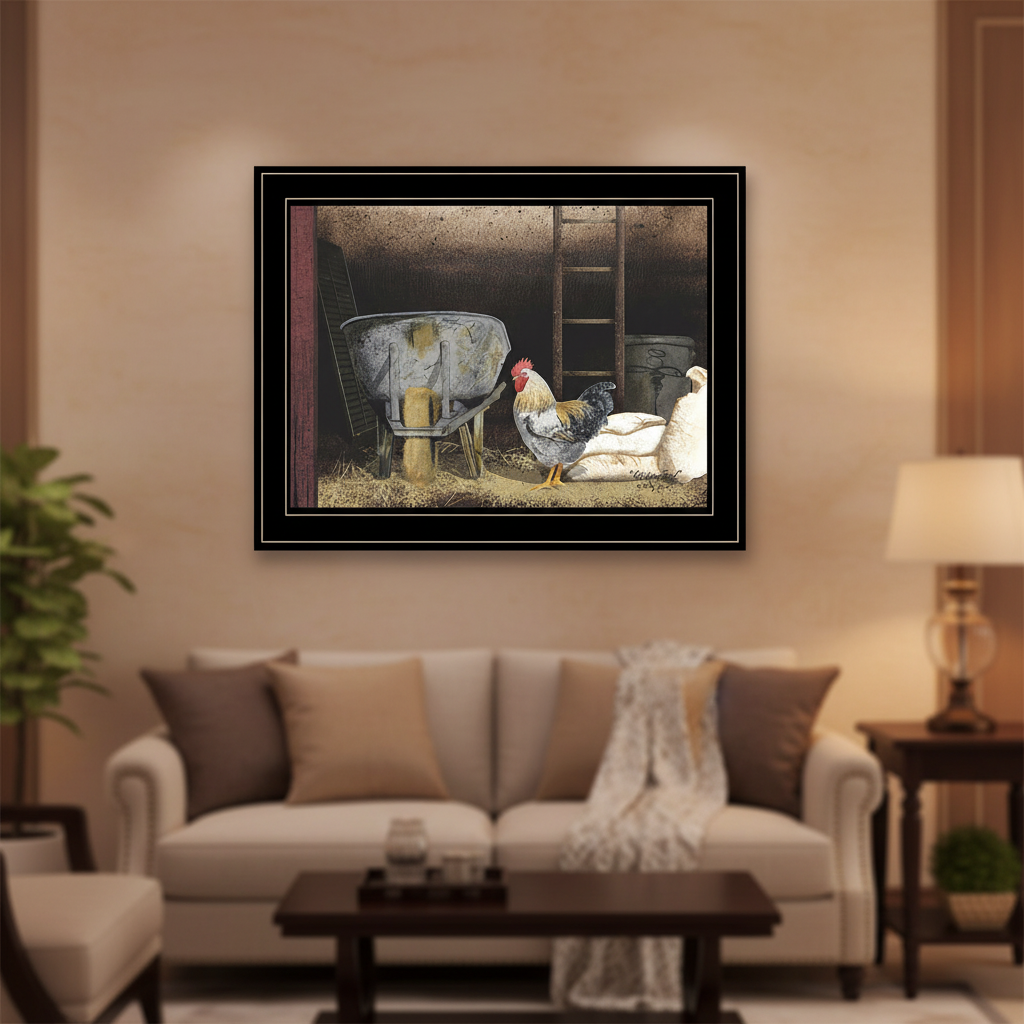Chicken Feed Framed Wall Print by Billy Jacobs in Black Wood Frame