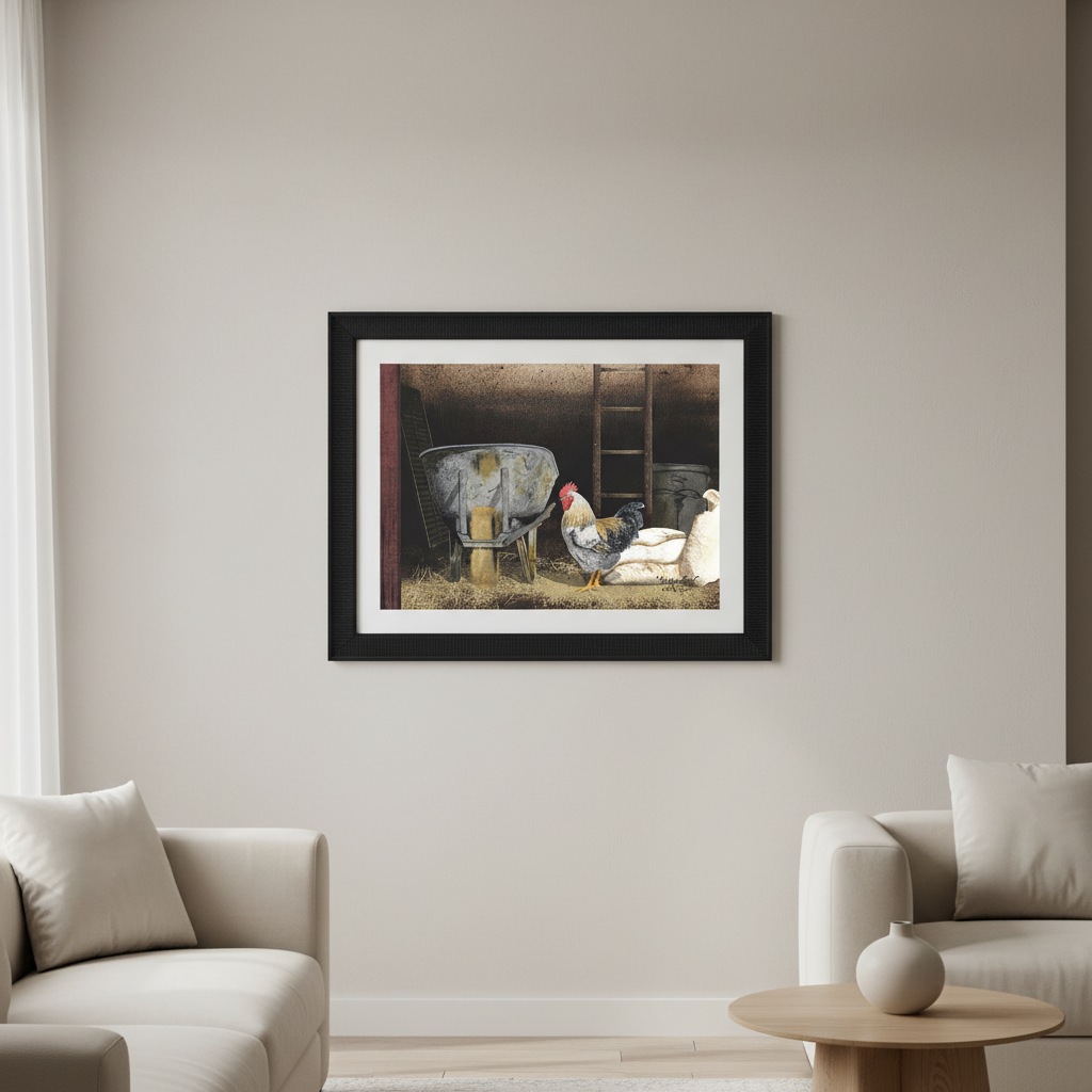 Chicken Feed Framed Wall Print by Billy Jacobs in Black Wood Frame