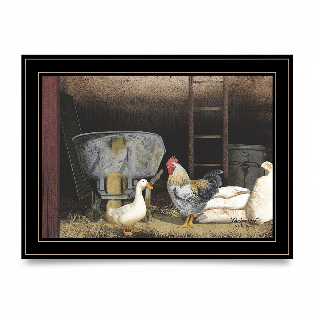 Chicken Feed Framed Wall Print by Billy Jacobs in Black Wood Frame