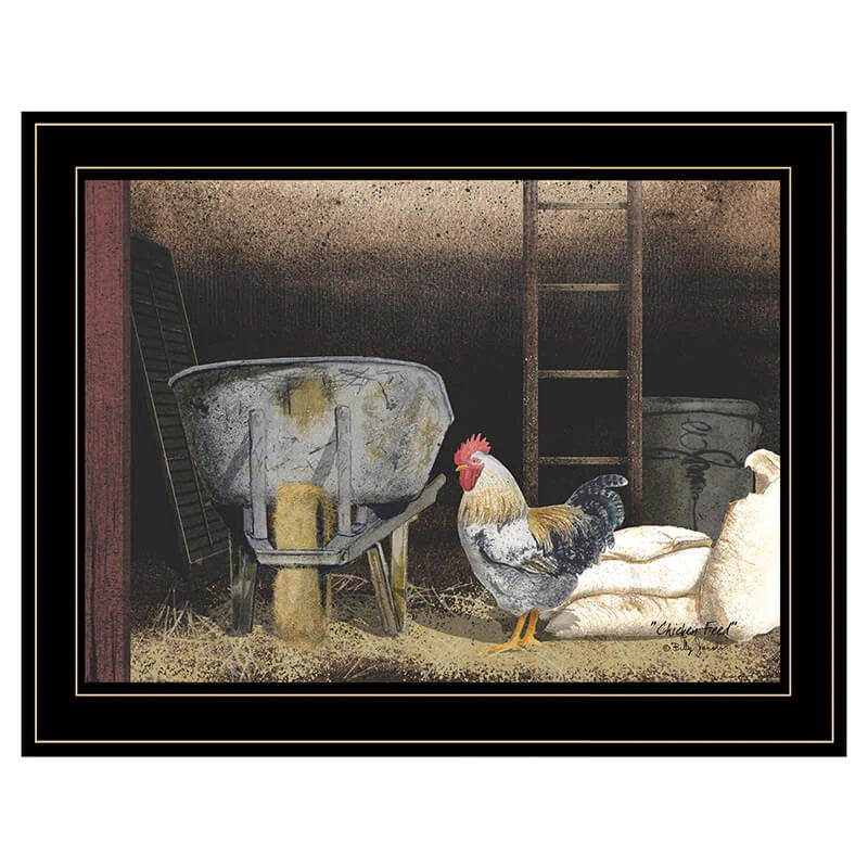 Chicken Feed Framed Wall Print by Billy Jacobs in Black Wood Frame