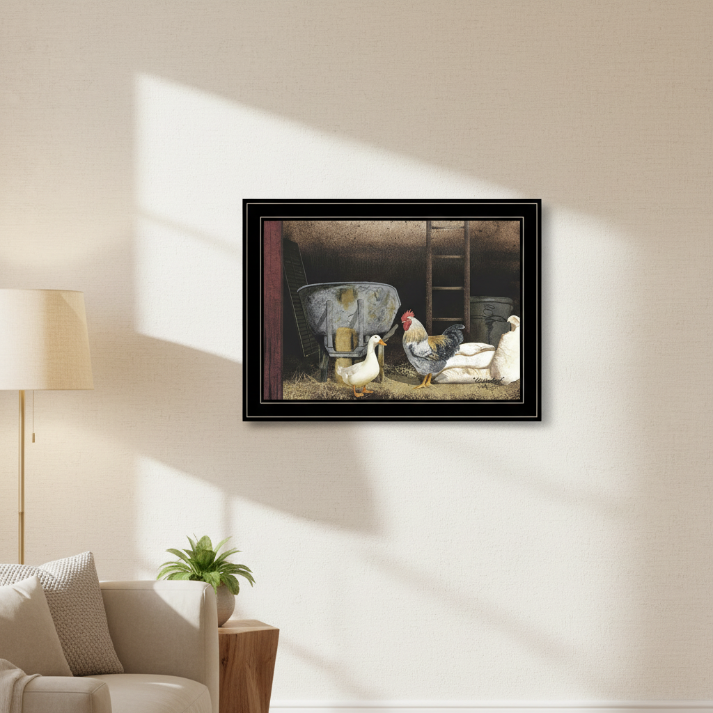 Chicken Feed Framed Wall Print by Billy Jacobs in Black Wood Frame