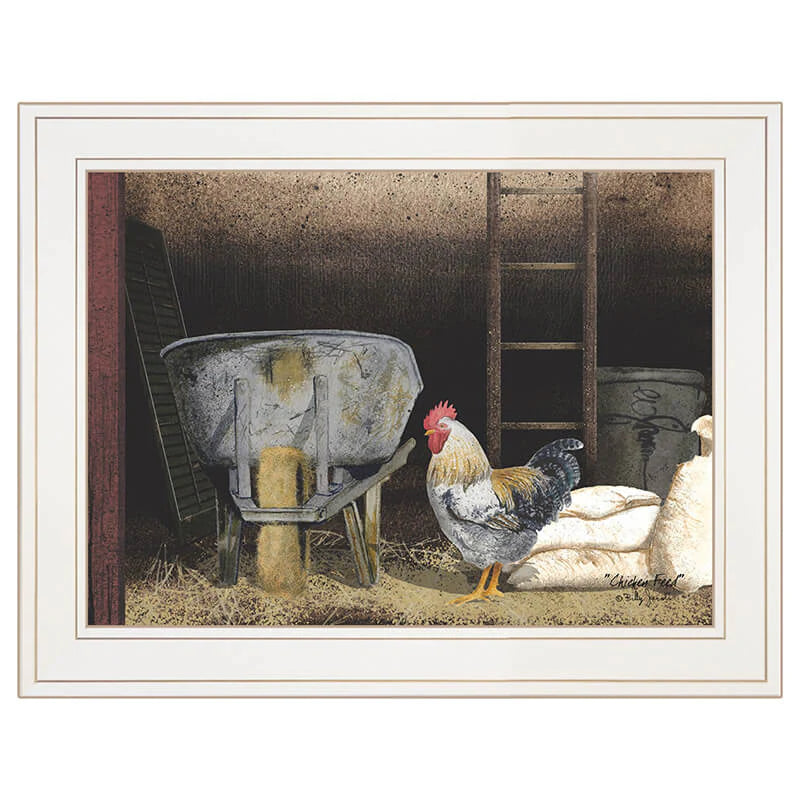 Chicken Feed Framed Wall Print by Billy Jacobs in White Wood Frame