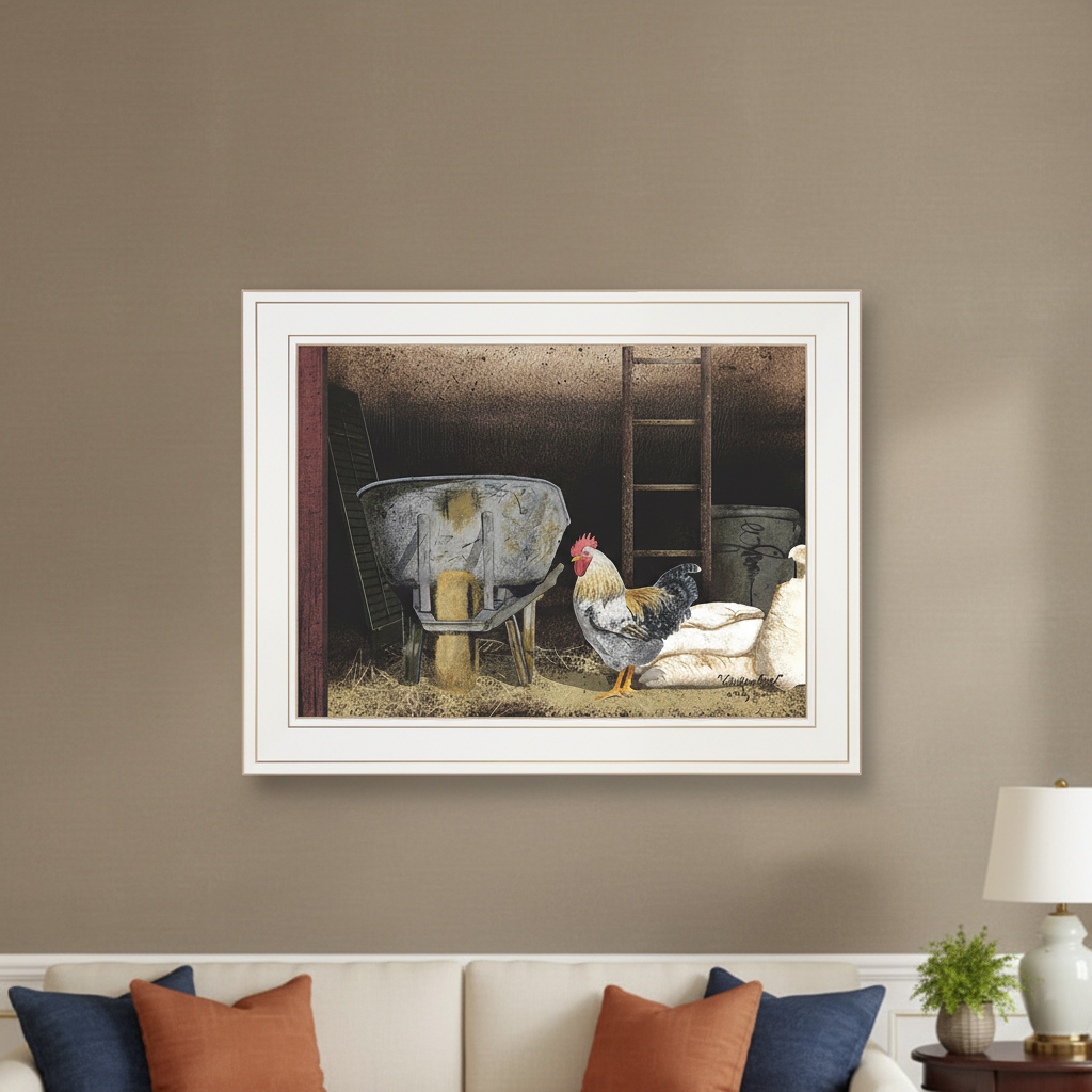 Chicken Feed Framed Wall Print by Billy Jacobs in White Wood Frame