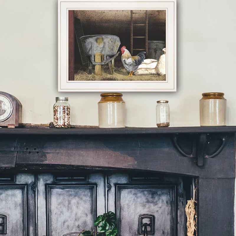 Chicken Feed Framed Wall Print by Billy Jacobs in White Wood Frame