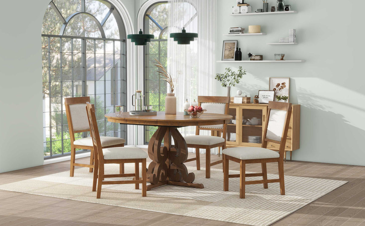 Retro Extendable Dining Set with 4 Upholstered Chairs, Walnut - Elirian