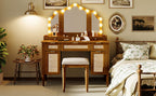 Hollywood Vanity Desk & Stool Set with Tri-Fold Mirror, Espresso - Elirian