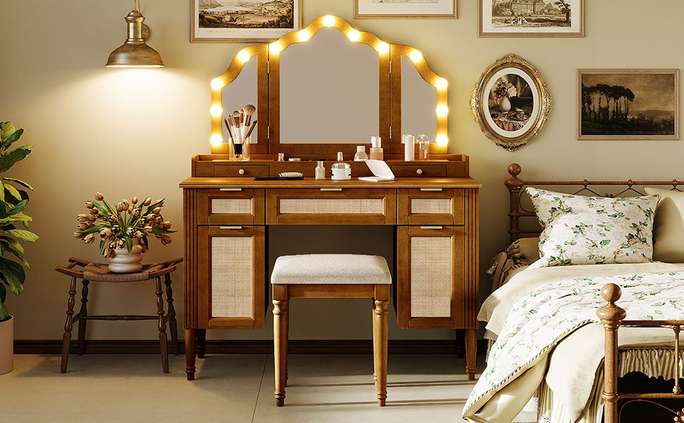 Hollywood Vanity Desk & Stool Set with Tri-Fold Mirror, Espresso - Elirian