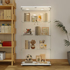 White tempered glass display cabinet with LED lighting, wooden shelves, and decorative home accents - Elirian