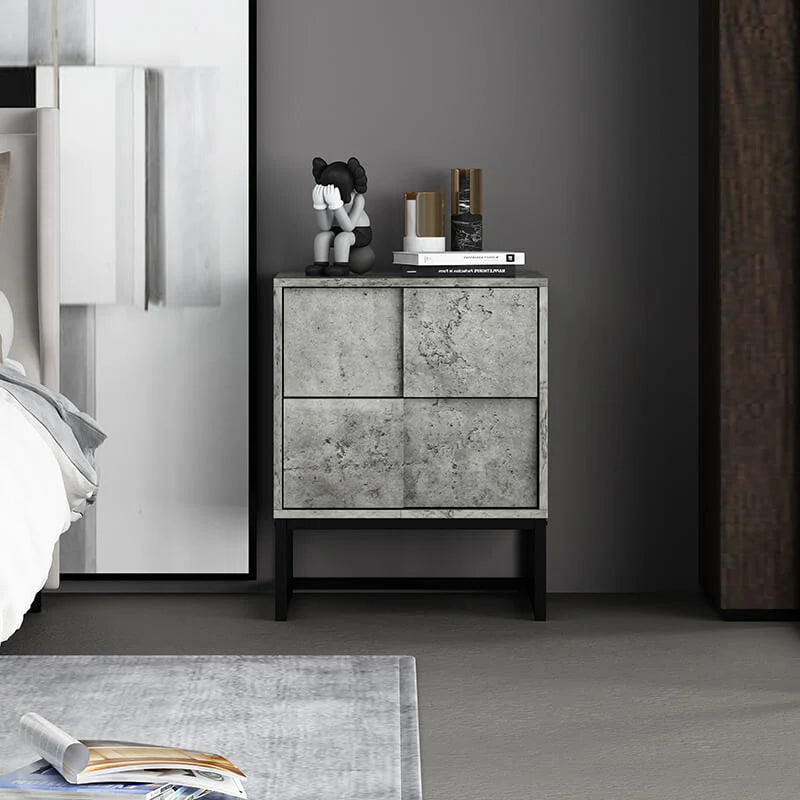Cement Grey Geometric Nightstand with Two Drawers and Iron Frame