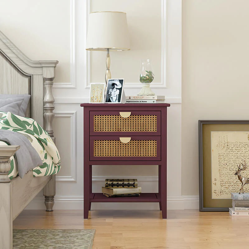Natural Rattan Nightstand with Two Drawers and Wood Frame