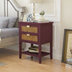 Natural Rattan Nightstand with Two Drawers and Wood Frame