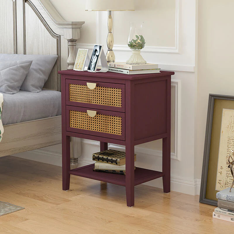 Natural Rattan Nightstand with Two Drawers and Wood Frame