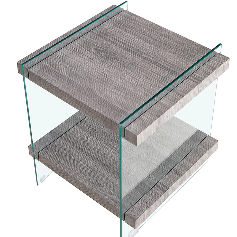 Grey Tempered Glass Nightstand with Two Open Shelves