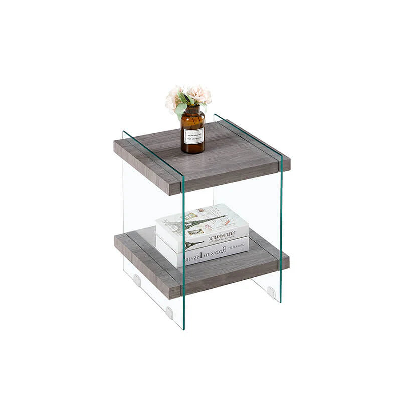 Grey Tempered Glass Nightstand with Two Open Shelves